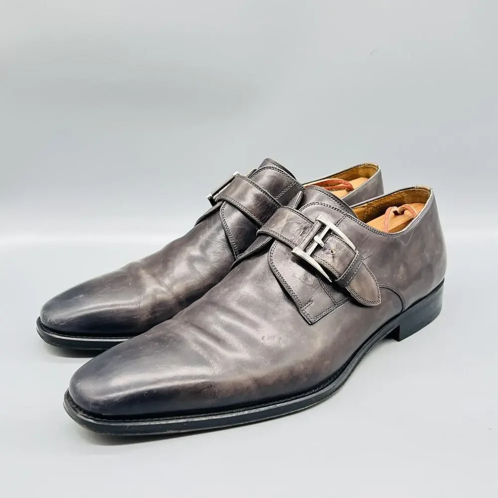 Magnanni Shoes Mens 10 Gray Leather Monk Strap Oxford Dress Buckle Almond Toe